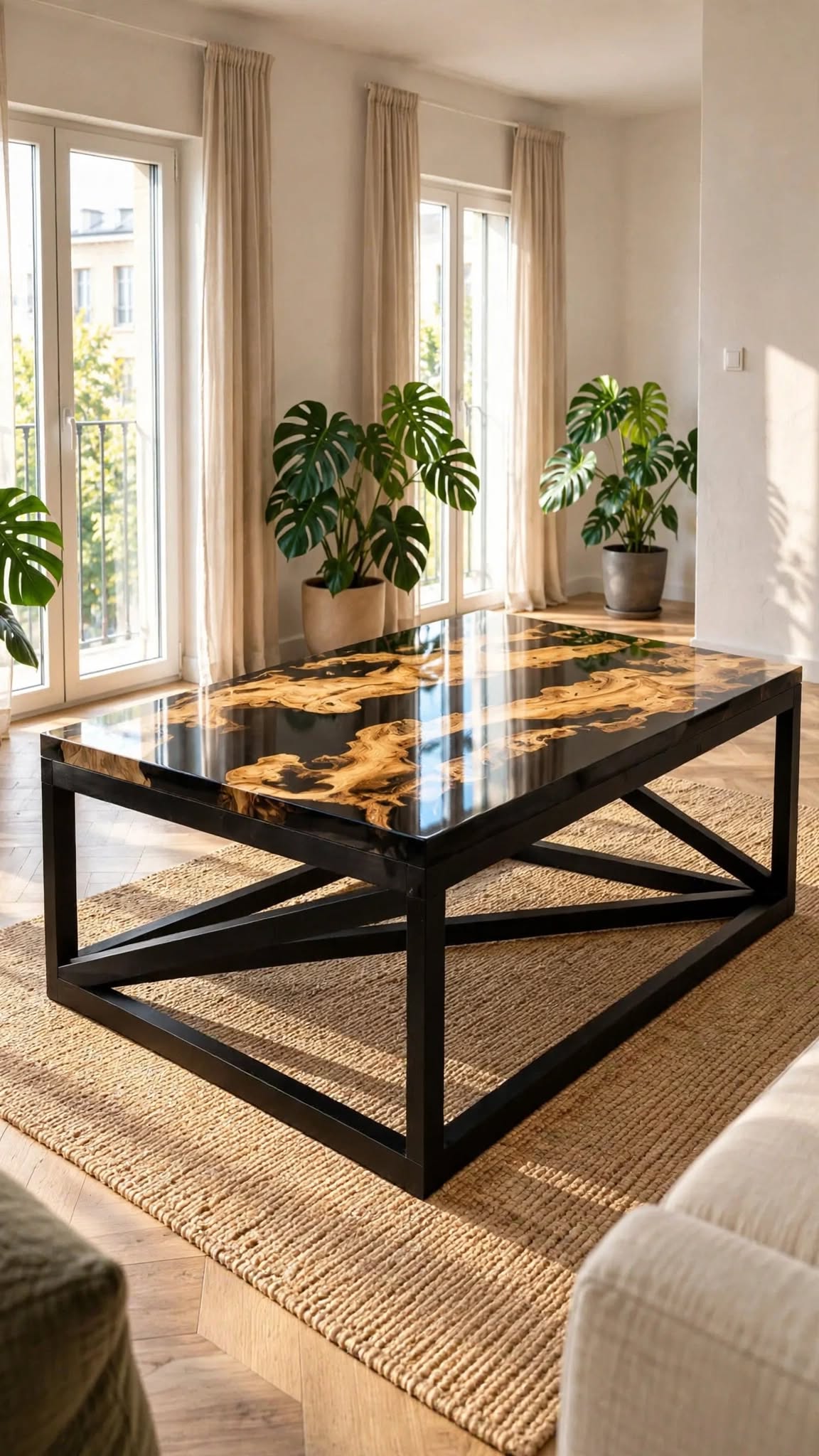 Mesa de centro de diseño con madera de olivo natural y resina epoxi negra, estructura de acero negro, en un salón luminoso y moderno con plantas y grandes ventanales – Aluna Crafted