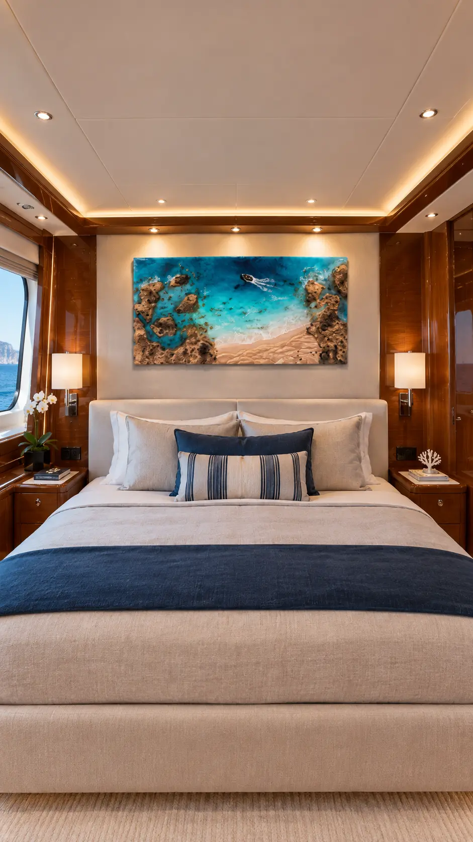 Cuadro resina oceano islas y playa con barco en dormitorio de yate de lujo sobre cama