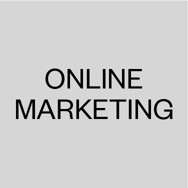 Black text reading 'ONLINE MARKETING' on a gray background.