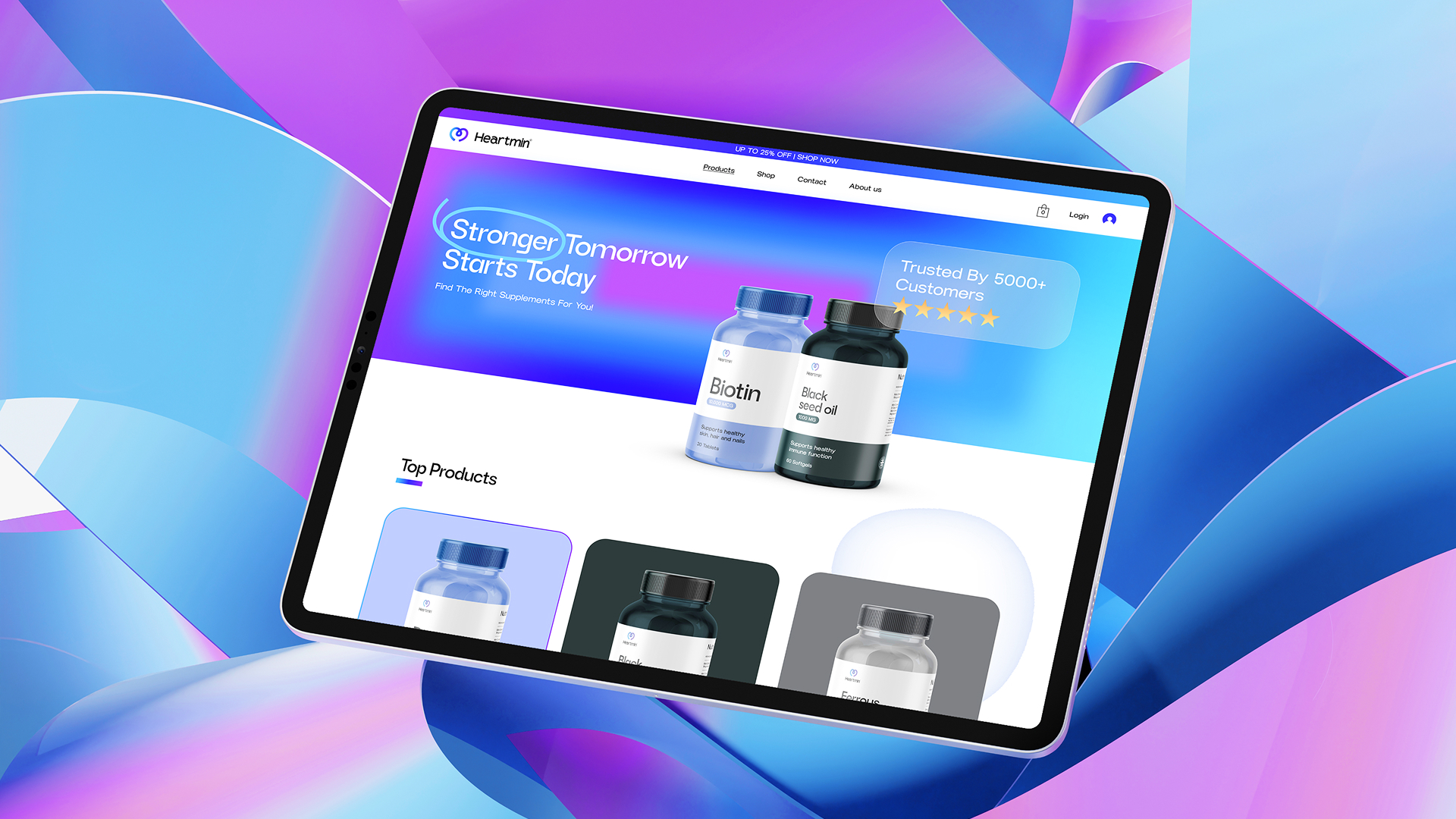 Tablet screen displaying Heartmin supplement website with Biotin and Black seed oil bottles and a slogan 'Stronger Tomorrow Starts Today'.