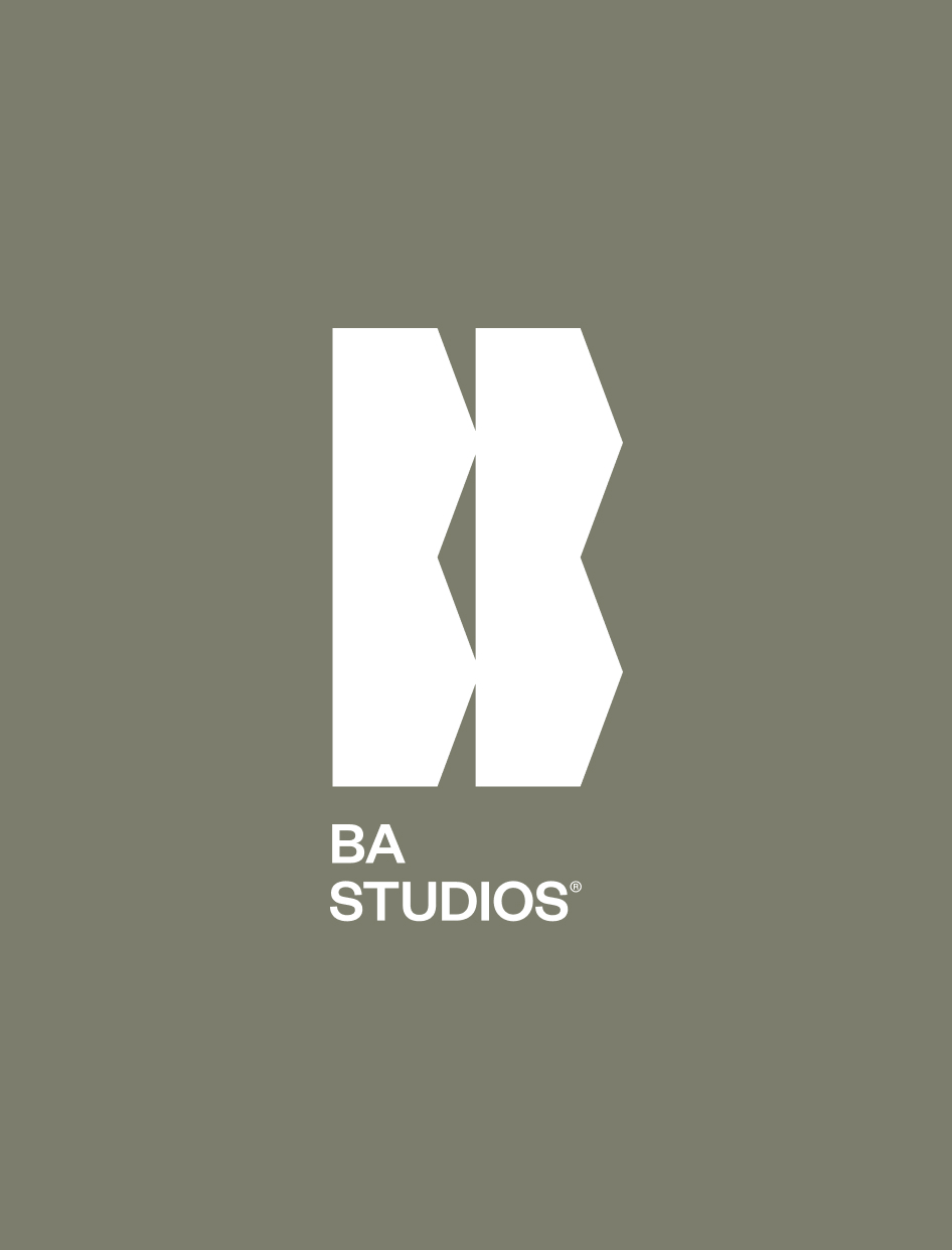BA Studios logo with stylized white geometric shapes and text on a muted olive background.