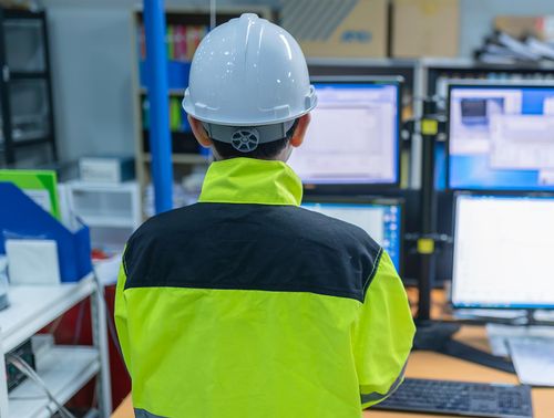 Person wearing white safety helmet and high-visibility jacket working at a desk with multiple computer screens.