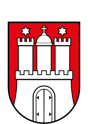 Wappen von Hamburg mit weißem Schloss, zwei Sternen und Kreuz auf rotem Hintergrund.