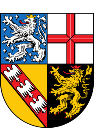 Wappen des Saarlands, zusammengesetzt aus vier Feldern mit Löwen und einem roten Kreuz auf weißem Grund.