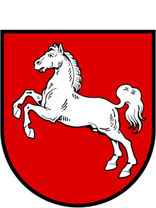 Weißes springendes Pferd auf rotem Schild, Wappen von Niedersachsen.