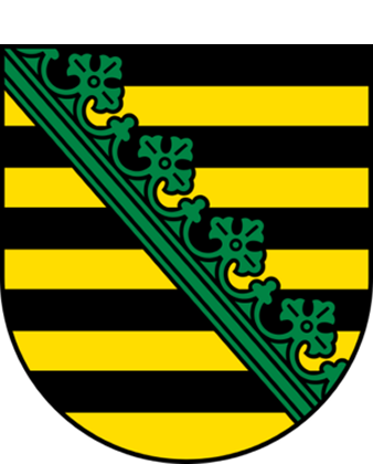 Wappen von Sachsen mit gelb-schwarzen horizontalen Streifen und einem grünen schrägen Rautenband.