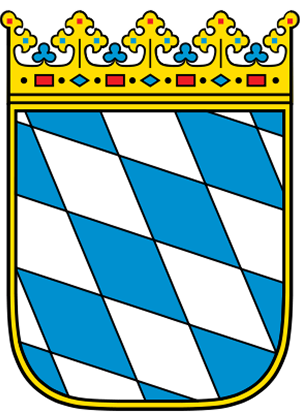 Bayerisches Wappen mit blau-weißen Rautenmuster und goldener Krone oben.
