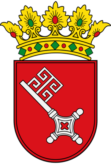 Rotes Wappen mit einem silbernen Schlüssel, gekrönt von einer goldenen Krone mit grünen und roten Verzierungen.