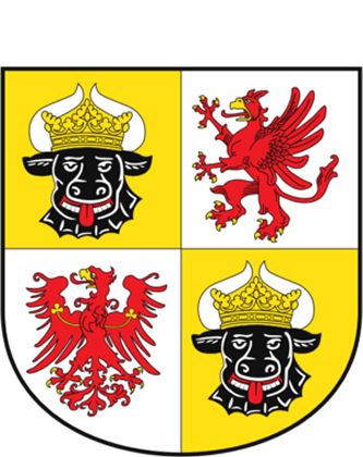 Wappen von Mecklenburg-Vorpommern mit geteiltem Schild, zeigt in den Feldern eine schwarze Stierkopf mit goldener Krone auf gelbem Hintergrund und einen roten Greif auf weißem Hintergrund.