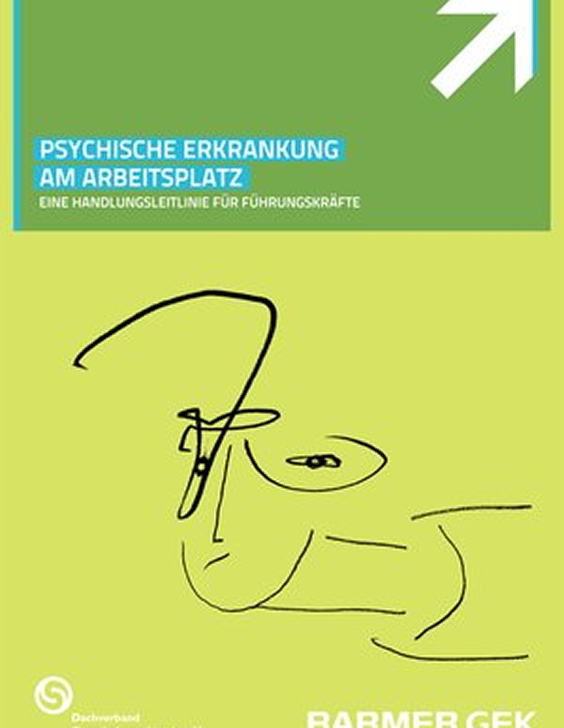 Cover mit grünem Hintergrund und Text „Psychische Erkrankung am Arbeitsplatz – Eine Handlungsleitlinie für Führungskräfte“, darunter eine abstrakte schwarze Zeichnung.