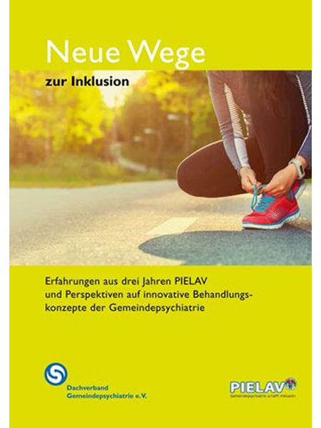 Titelblatt eines Berichts mit dem Titel 'Neue Wege zur Inklusion' und einer Person, die ihre rote Sportschuh-Schnürsenkel auf einem sonnigen Gehweg bindet.