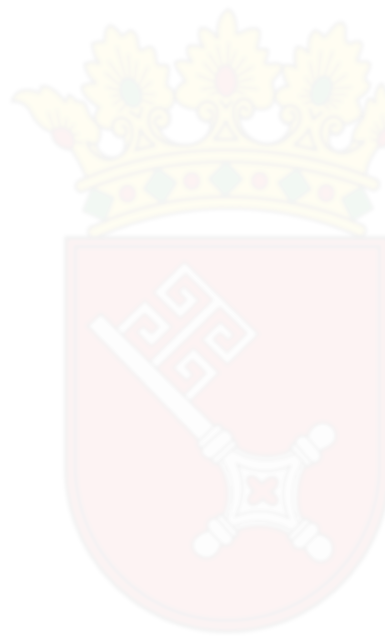 Rotes Wappen mit einem silbernen Schlüssel, der nach oben links zeigt, und einer goldenen Krone mit roten und grünen Edelsteinen darauf.