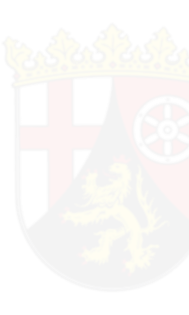 Wappen von Rheinland-Pfalz mit goldener Krone, rotem Kreuz auf weißem Grund, rotem Feld mit weißem Rad und gelbem Löwen auf schwarzem Grund.