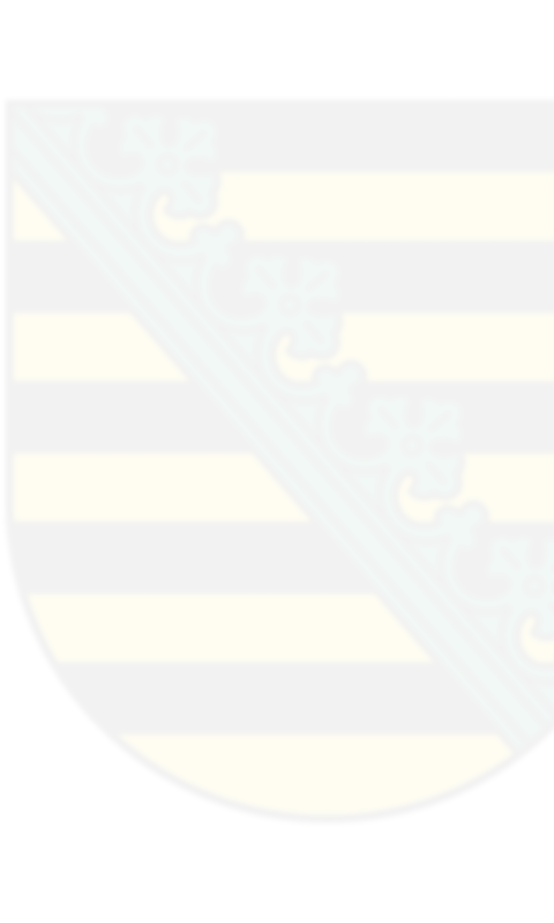 Wappenschild mit schwarzen und goldenen horizontalen Streifen und einem grünen schrägen mit Blumen verzierten Band.