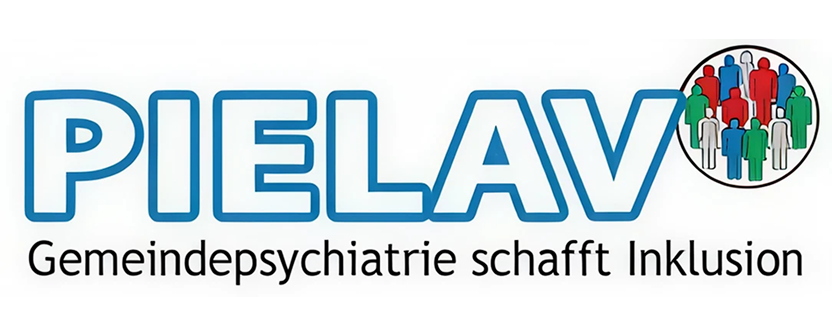 PIELAV in blauen Großbuchstaben mit dem Text ‚Gemeindepsychiatrie schafft Inklusion‘ und einem Kreis mit farbigen stilisierten Figuren in Rot, Blau, Grün und Weiß.