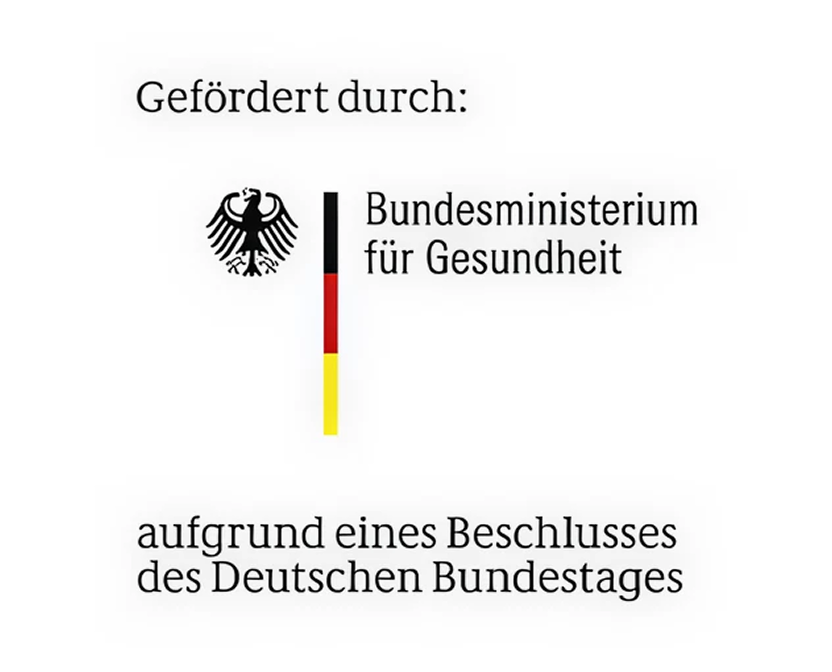 Logo des Bundesministeriums für Gesundheit mit Bundesadler und deutscher Bundesflagge, gefördert durch aufgrund eines Beschlusses des Deutschen Bundestages.