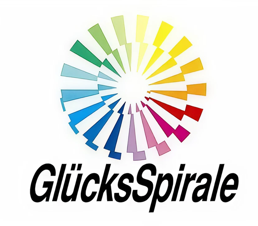 Bunte Spirale aus rechteckigen Segmenten in Regenbogenfarben über dem Schriftzug ‚GlücksSpirale‘.
