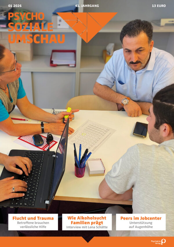 Drei Personen in einem Gespräch an einem Tisch mit Laptop, Dokumenten und Stiften in einem Büro.