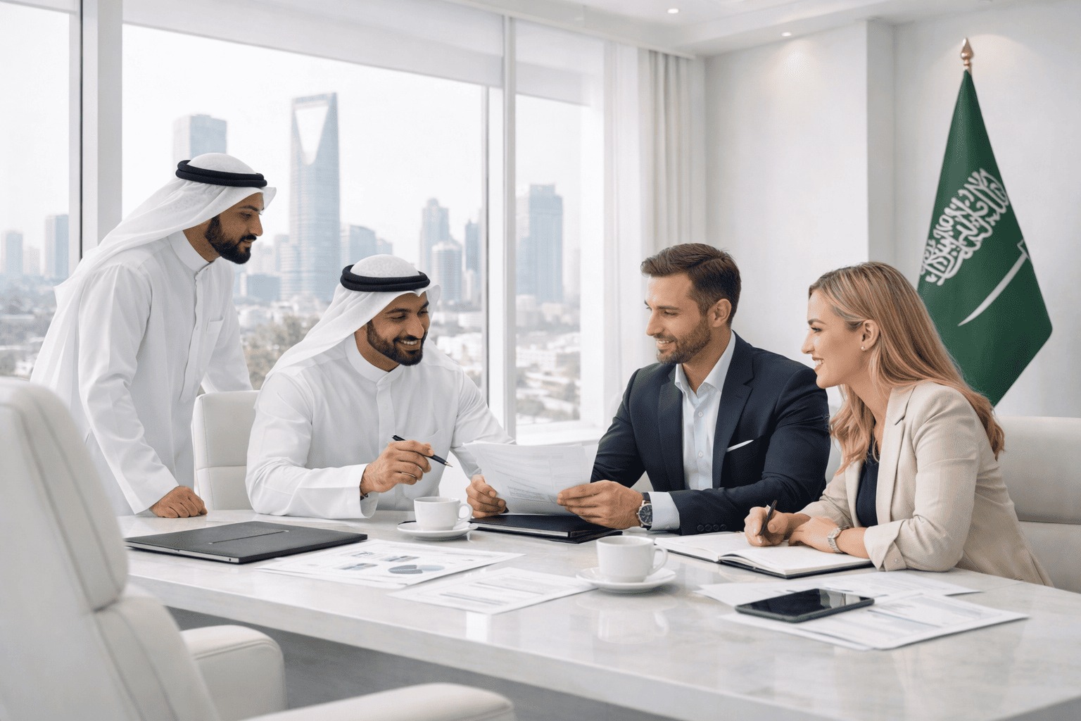 image of an ai marketing tech company's futuristic meeting setup