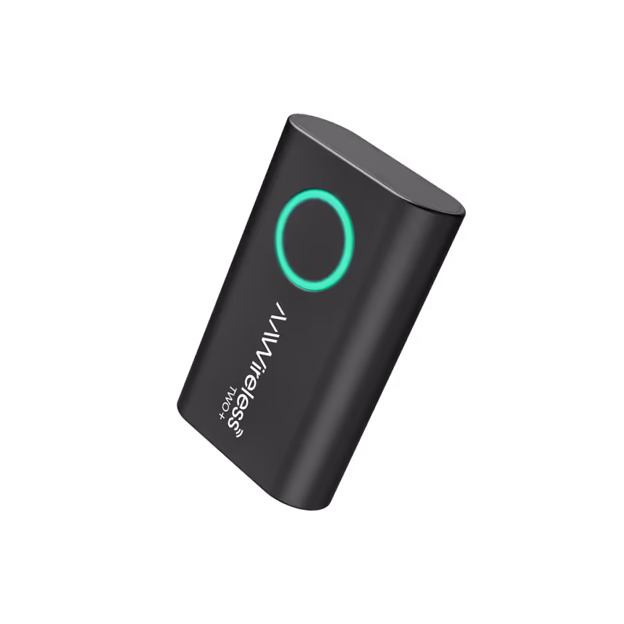 Black rectangular AAWireless TWO+ Bluetooth transmitter with a glowing green circular indicator on top.