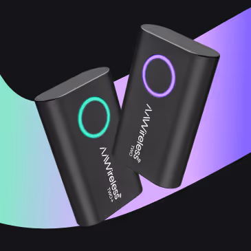 Two AAWireless devices with glowing circular lights, one turquoise and one purple, on a black background with purple and green gradients.