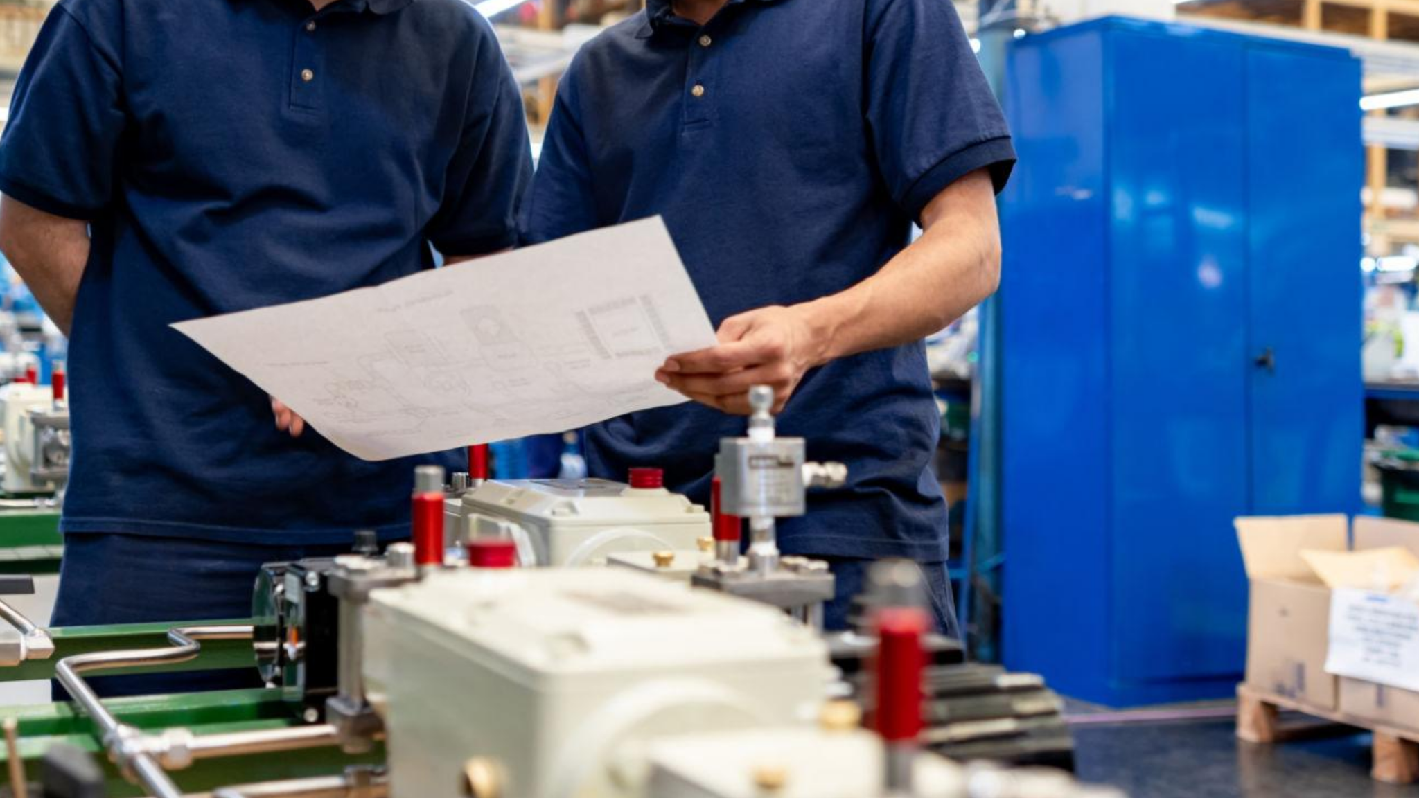 Two technicians in an industrial facility holding and reviewing printed engineering blueprints.