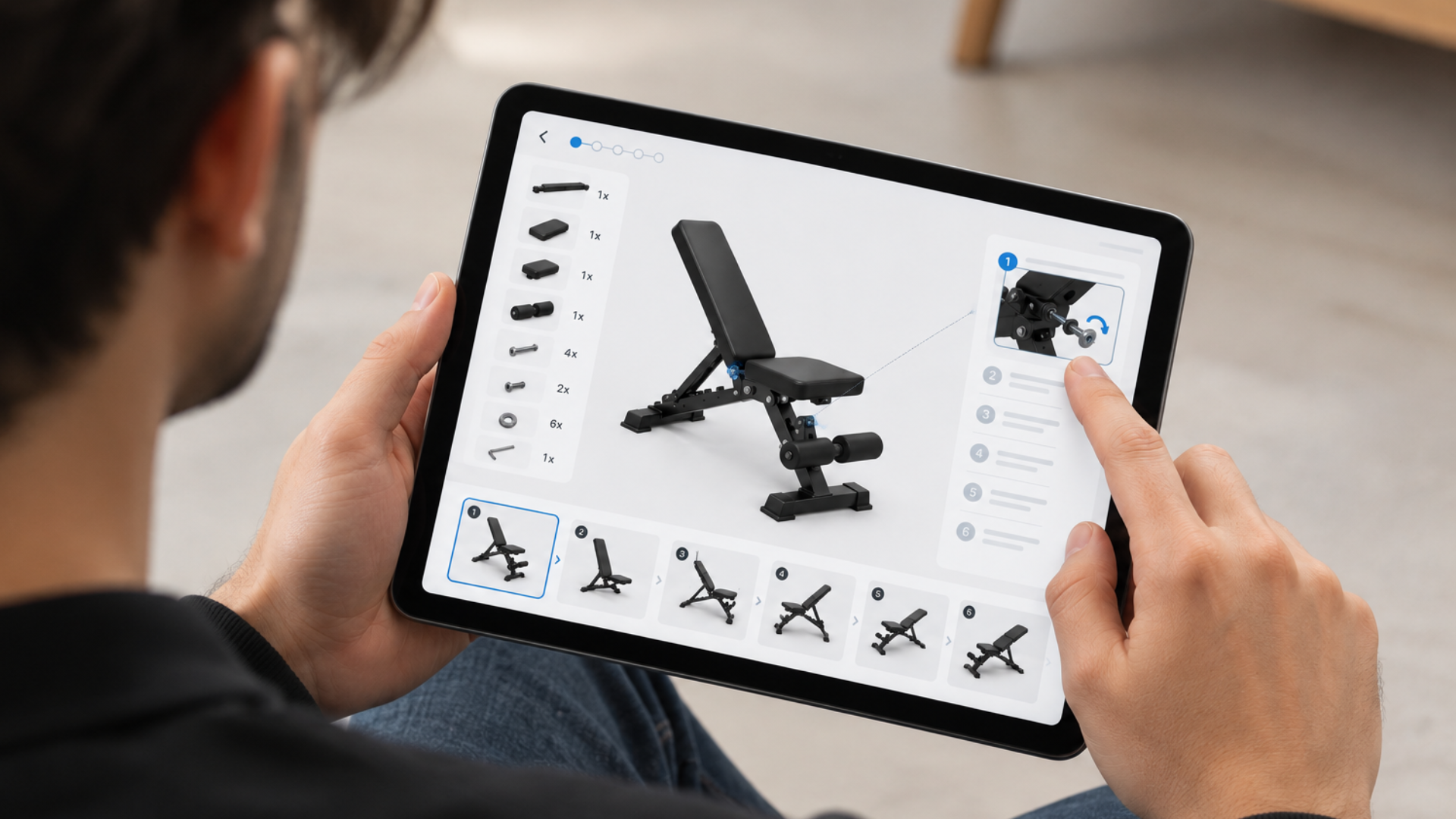 Digital assembly manual on tablet showing interactive 3D sports equipment model