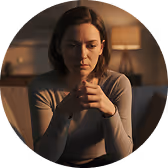 Woman sitting indoors, leaning forward with hands clasped, looking thoughtful and concerned.