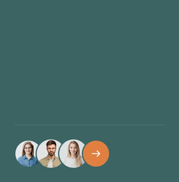 Row of three circular profile photos: a woman with glasses and blue shirt, a man with beard and glasses, and a woman with long blonde hair, followed by an orange circle with a white right arrow.