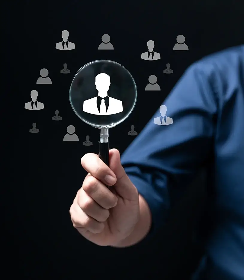 Dark digital background with icons of people with a hand reaching to a high lighted icon