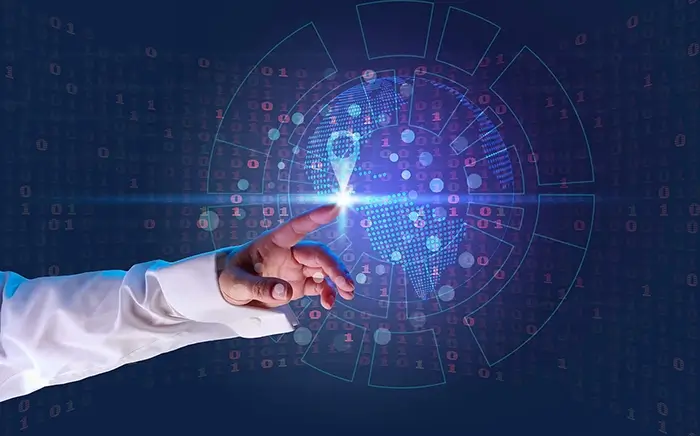 Dark digital background with a hand reaching out to touch and lite up pointer icon