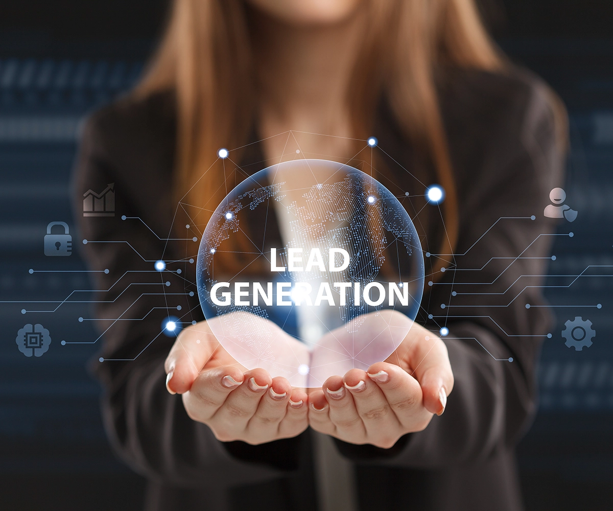 Women holding her hands together with glowing graphic background with the text reading 'Lead Generation'