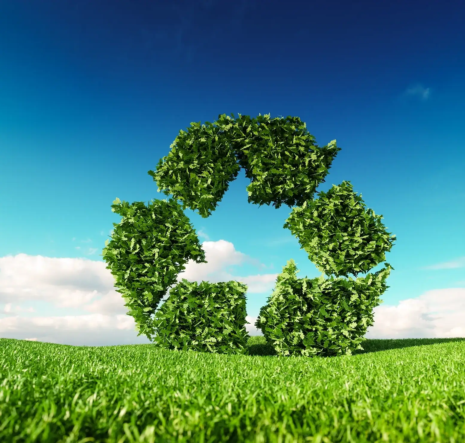 Bright image with a recycling icon mad up of leaves and grass foreground