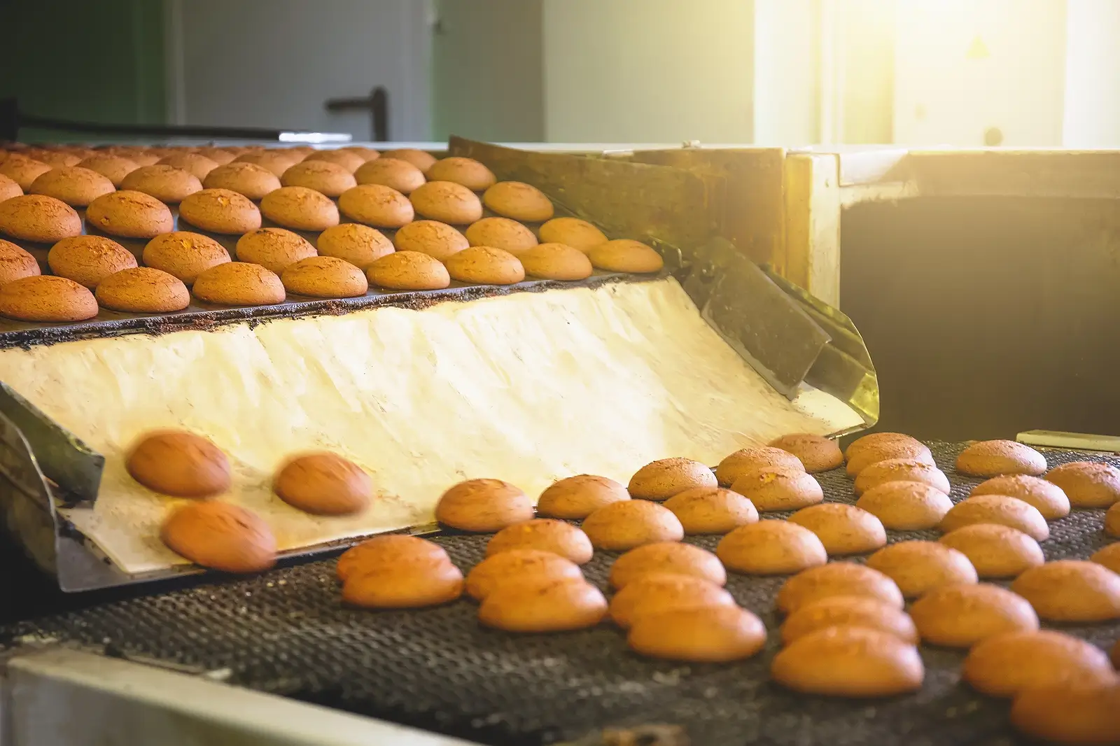 Close-up of a bread making production line