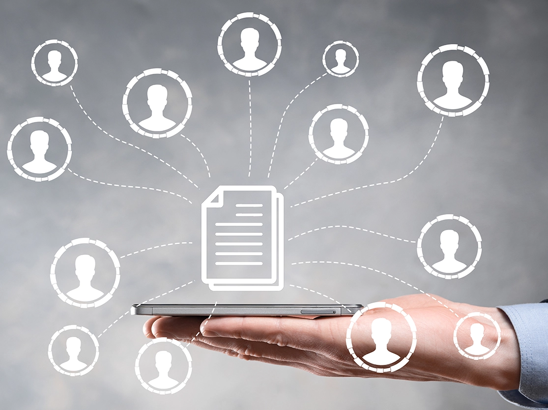 plain grey shadow background with various simple floating icons with a hand reaching out