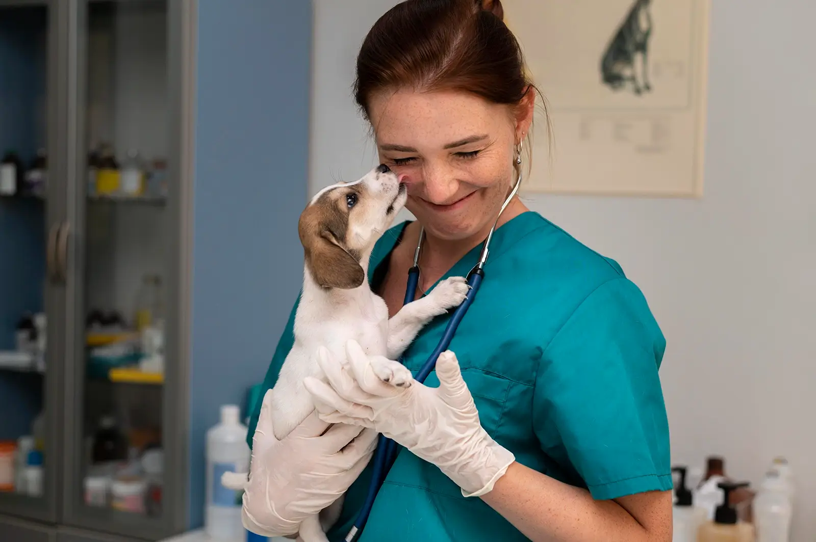 Little puppy licking the face of a young Vet