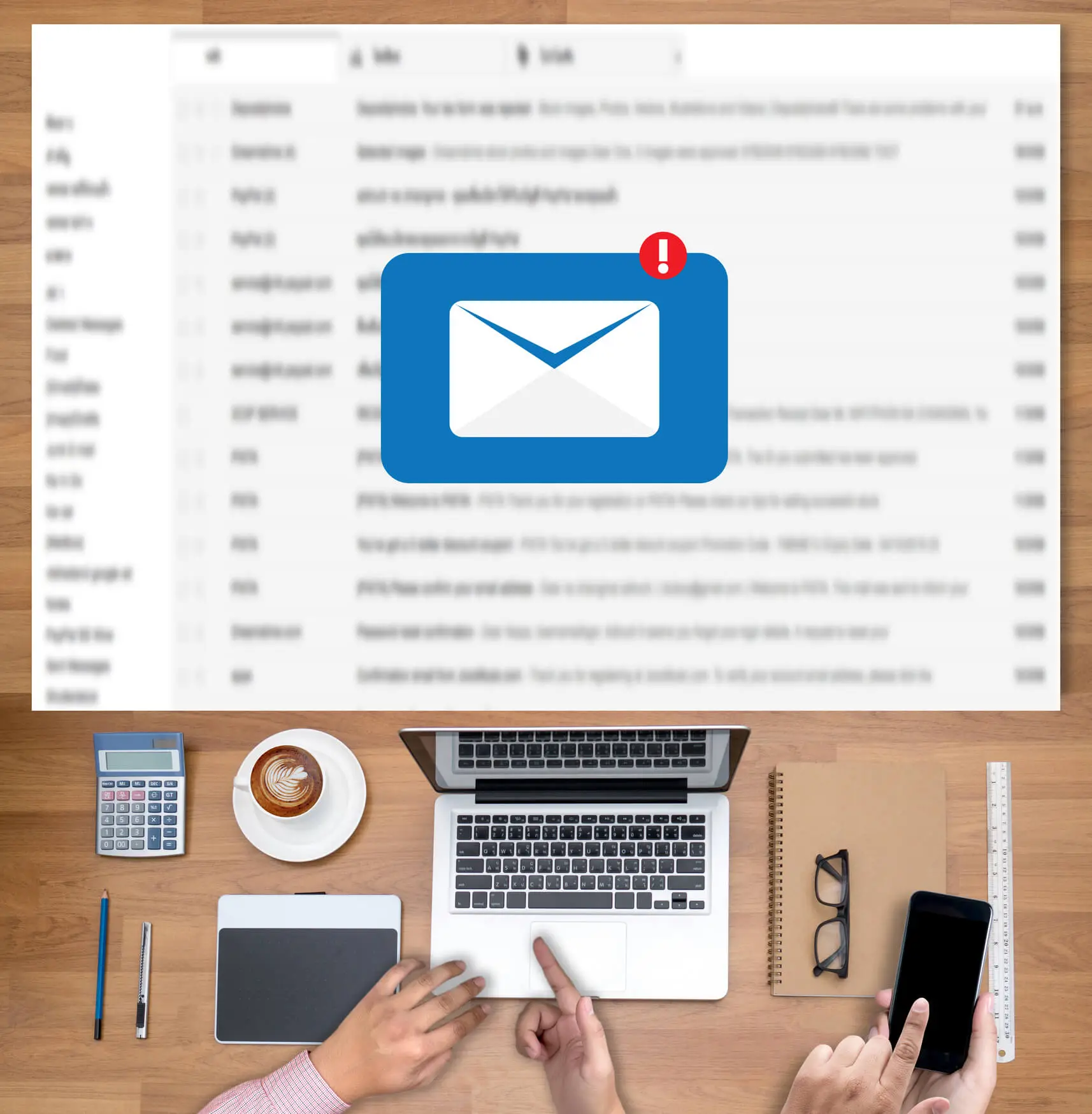 Birds eye view of a desk with a email dashboard showing with a new email icon overlayed