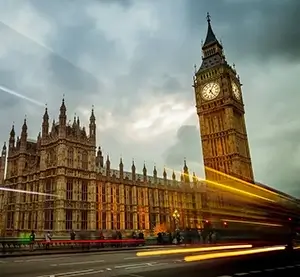 Perspective view of Houses of Parliament in London Uk in the evening