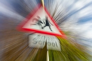 Close-up of a school crossing sign with a blurred zoom effect