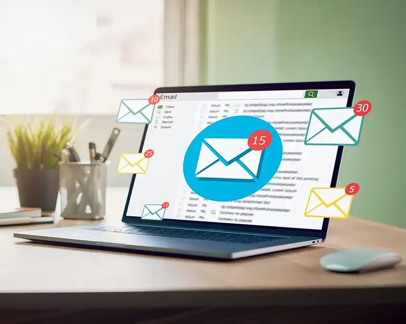Close up of a man sitting at his laptop with a large email pop up