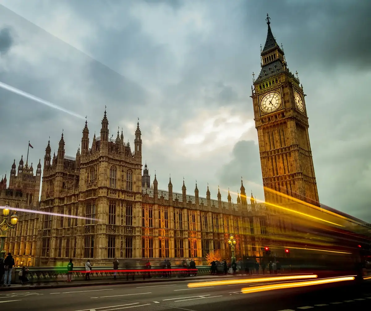 Perspective view of Houses of Parliament in London Uk in the evening