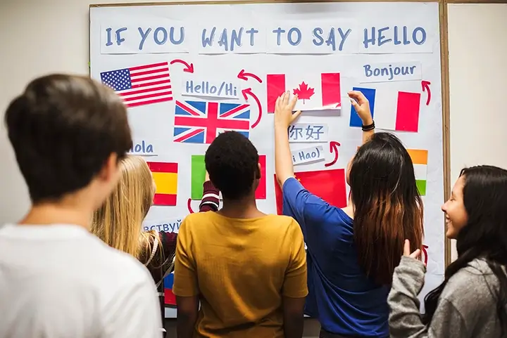 Young people pinning how to say hello in different lauguages with the countries flag of origin