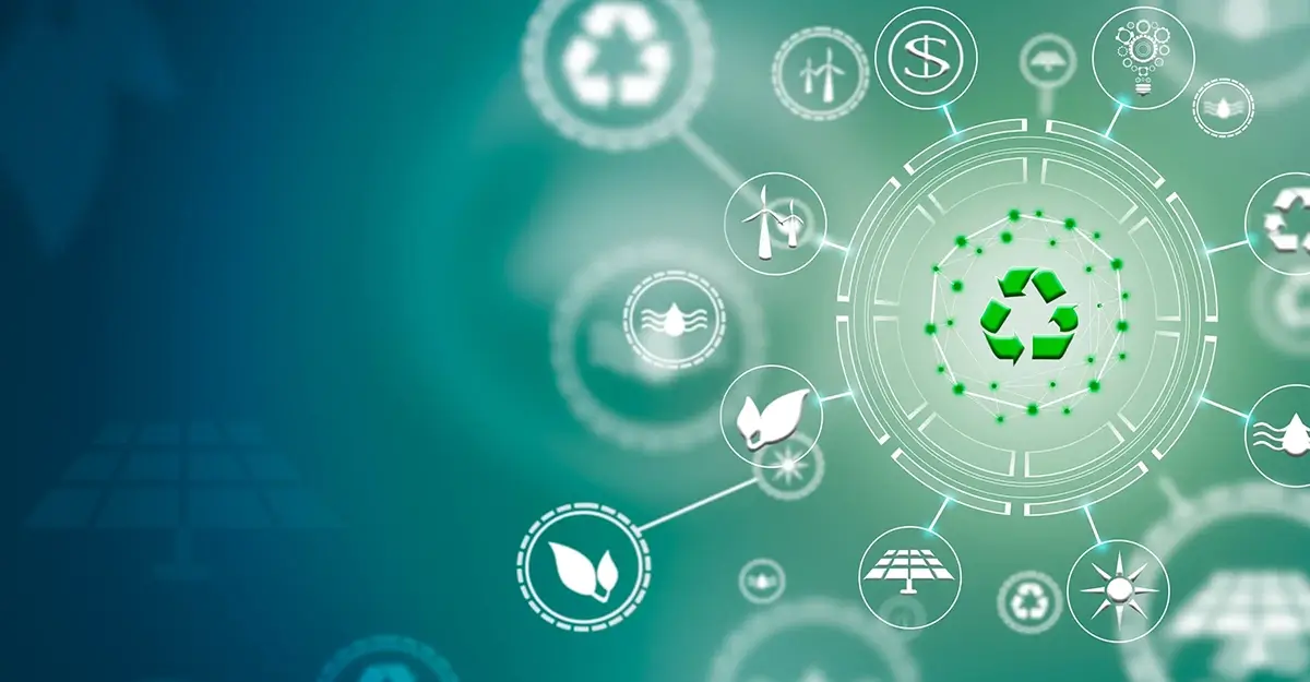 Blue and green gradient image with recycling icons and bright green recycle icon