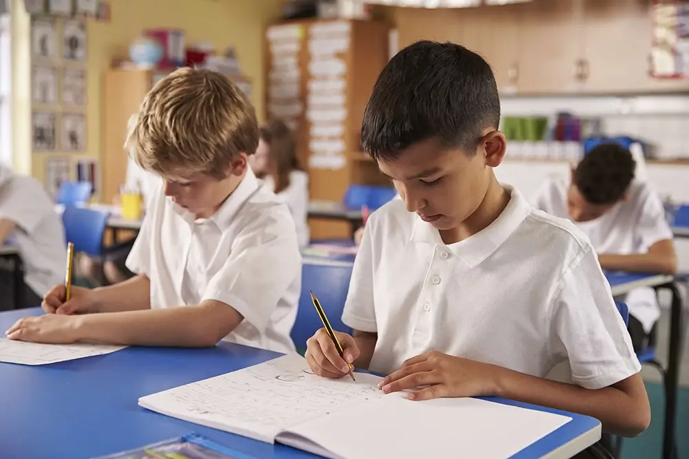 Close up of 2 primary school boys working in a classroom setting
