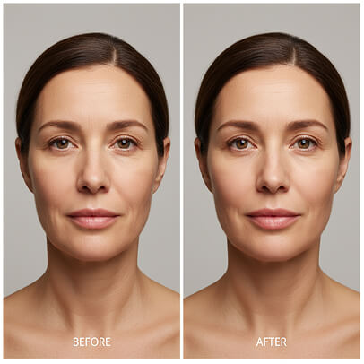 Side-by-side before and after images of a woman’s face showing smoother skin, softened lines, and enhanced facial contours, demonstrating the results of a personalized aesthetic treatment.