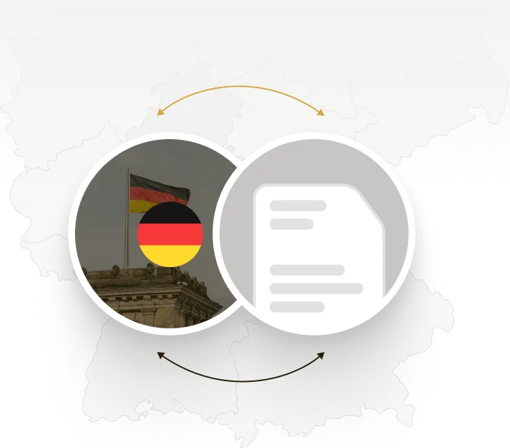 Graphic showing the German flag over a building and an icon of a document, connected by arrows, with a map of Germany in the background.