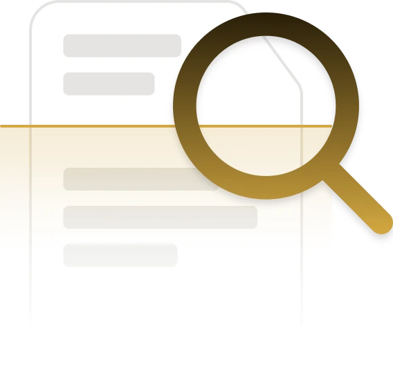 Illustration of a document with text lines and a large magnifying glass partially covering it, symbolizing document review or searching.