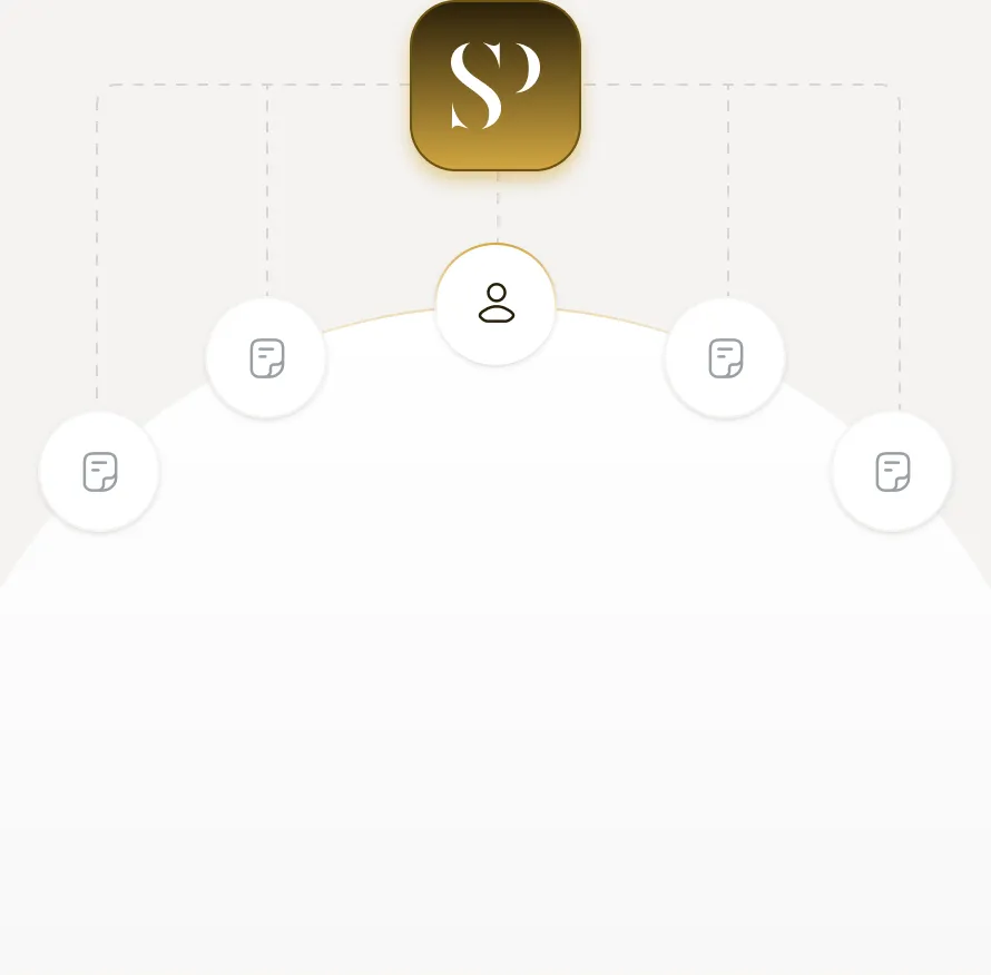 Organizational chart with a gold user icon connected to five white user icons arranged below.