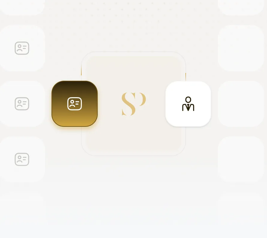 A diagram with three square icons connected by lines; the center icon is gold with a magnifying glass symbol, the left icon is gold with a user profile symbol, and the right icon is white with a user profile and checkmark symbol.