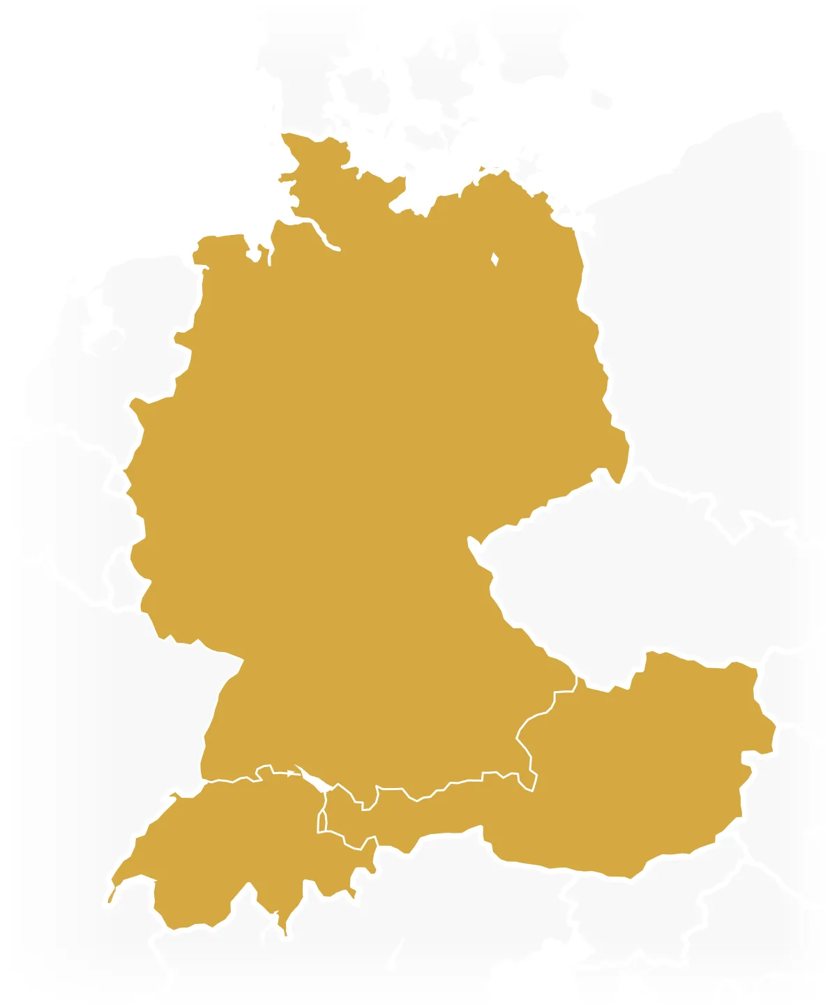 Map highlighting Germany, Austria, and Switzerland in gold with a white dot marking a central location in Germany.